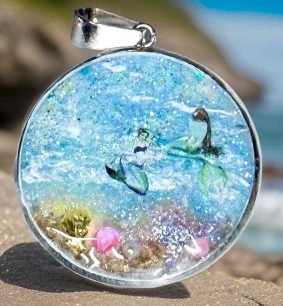 Mermaid Resin Necklace, Ocean Nautical Stainless Steel or Wood Bezel Sea Life Pendant, Girls, Boys, Women, Paint Skin Jewelry, Handmade USA