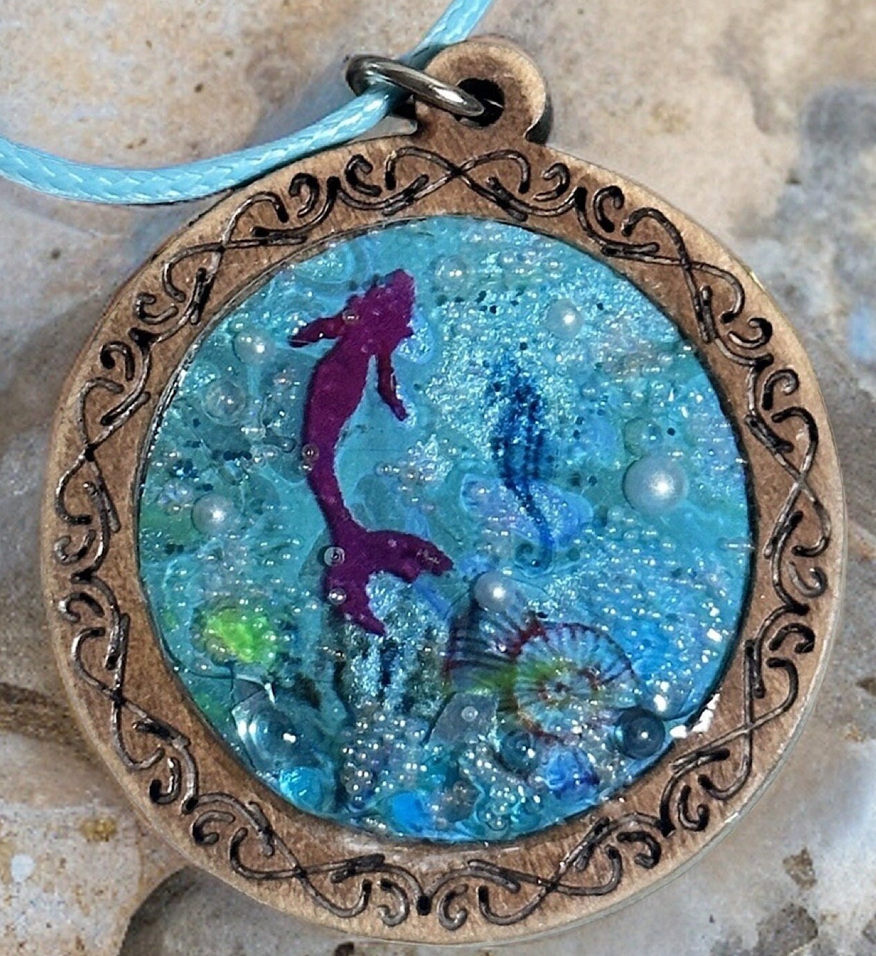 Mermaid Resin Necklace, Ocean Nautical Stainless Steel or Wood Bezel Sea Life Pendant, Girls, Boys, Women, Paint Skin Jewelry, Handmade USA