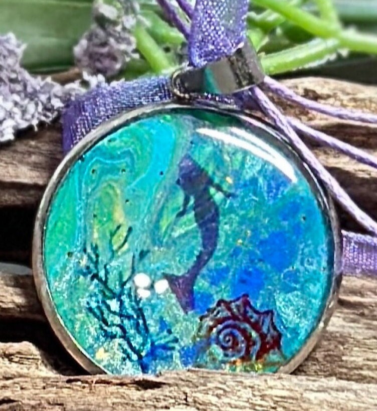 Mermaid Resin Necklace, Ocean Nautical Stainless Steel or Wood Bezel Sea Life Pendant, Girls, Boys, Women, Paint Skin Jewelry, Handmade USA