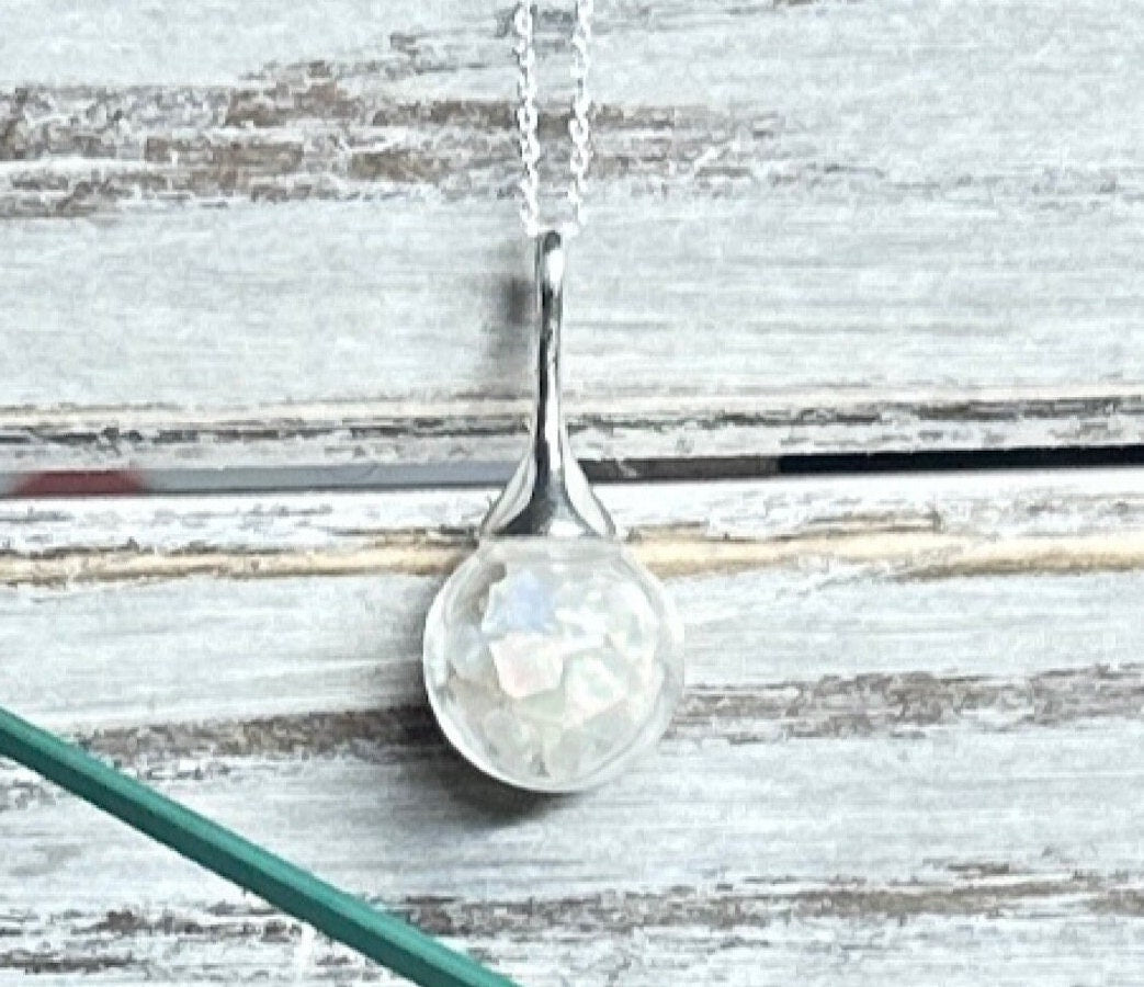 Opal Crystal 14mm Globe in Sterling Silver Necklace-White Ethiopian Welo Opal Chunks/Chips-Special Gift-.925 Sterling-October Birthstone