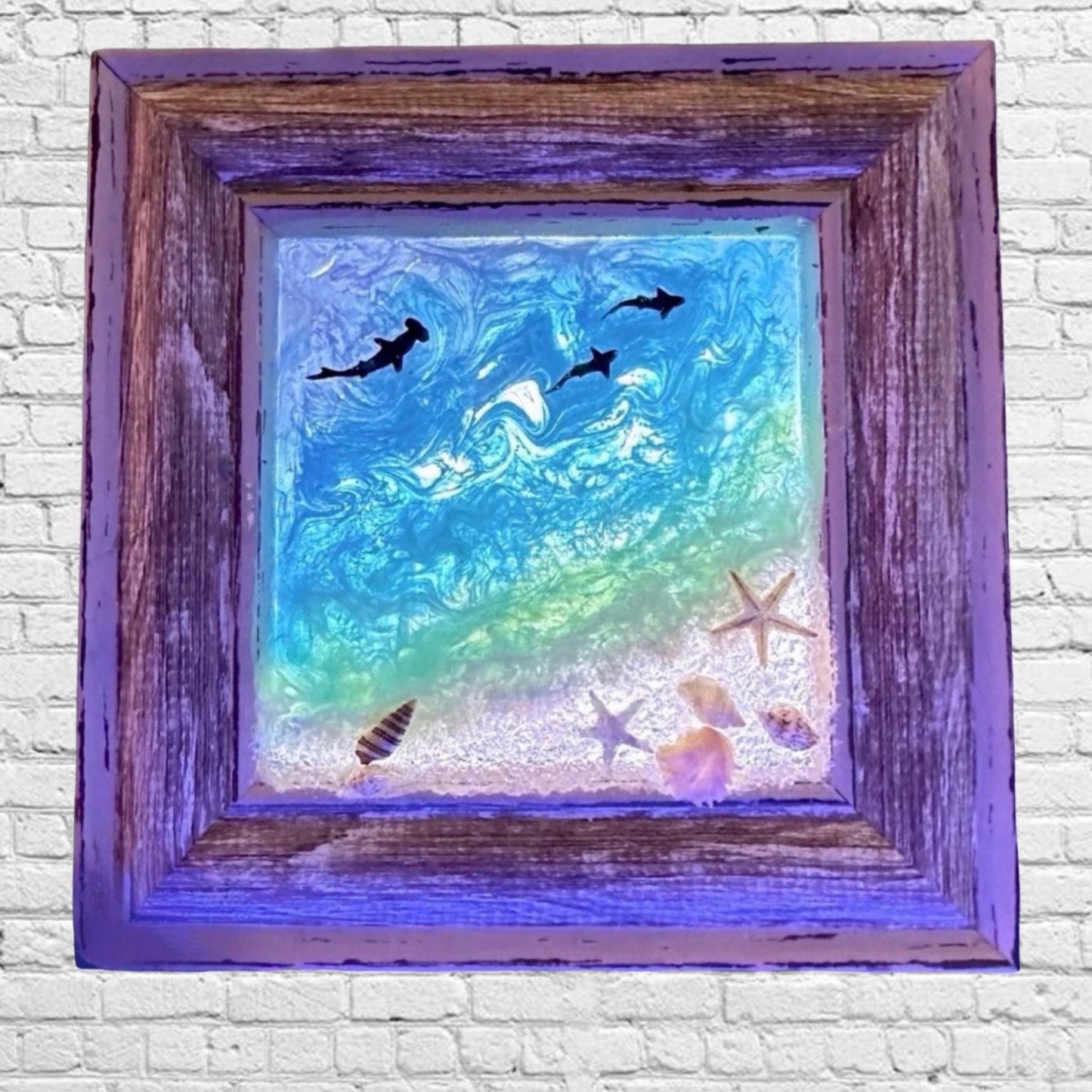 6x6" Mini Beach Art Wood Framed Mixed Media Wall Hanging-Tabletop Decor-Coastal Resin-Hand Crafted Nautical Sunset Picture-Holiday Ornament