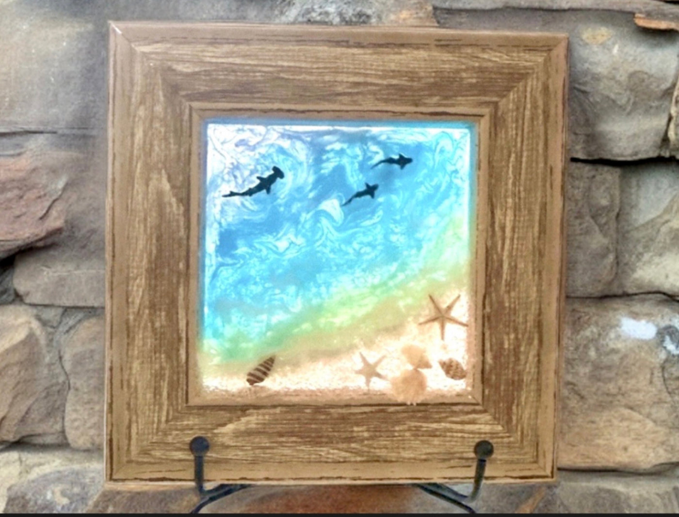 6x6" Mini Beach Art Wood Framed Mixed Media Wall Hanging-Tabletop Decor-Coastal Resin-Hand Crafted Nautical Sunset Picture-Holiday Ornament