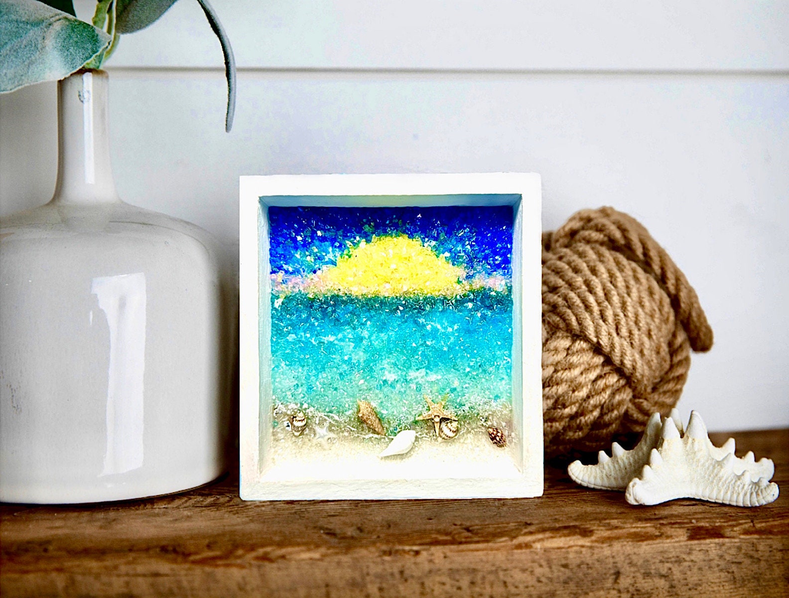 Crushed Glass and Resin 5X5” Beach Scene with Baby Beluga Whale-Perfect Gift for a Beach Themed Baby Nursery, Bathroom or Powder Room