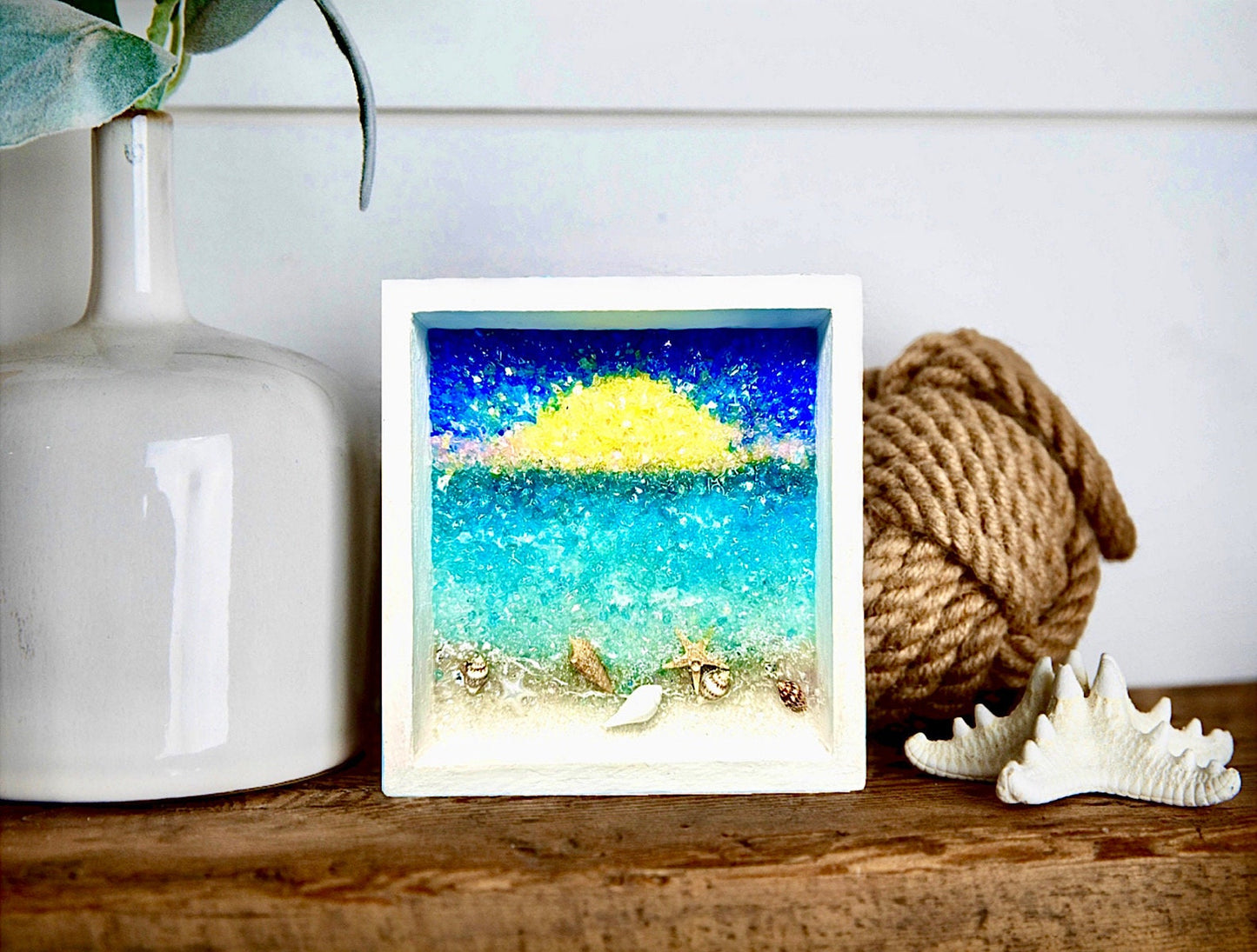 Crushed Glass and Resin 5X5” Beach Scene with Baby Beluga Whale-Perfect Gift for a Beach Themed Baby Nursery, Bathroom or Powder Room