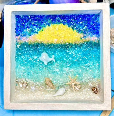 Crushed Glass and Resin 5X5” Beach Scene with Baby Beluga Whale-Perfect Gift for a Beach Themed Baby Nursery, Bathroom or Powder Room