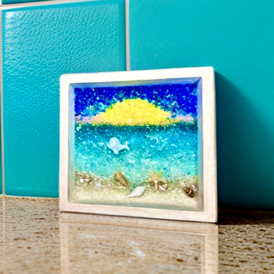 Crushed Glass and Resin 5X5” Beach Scene with Baby Beluga Whale-Perfect Gift for a Beach Themed Baby Nursery, Bathroom or Powder Room