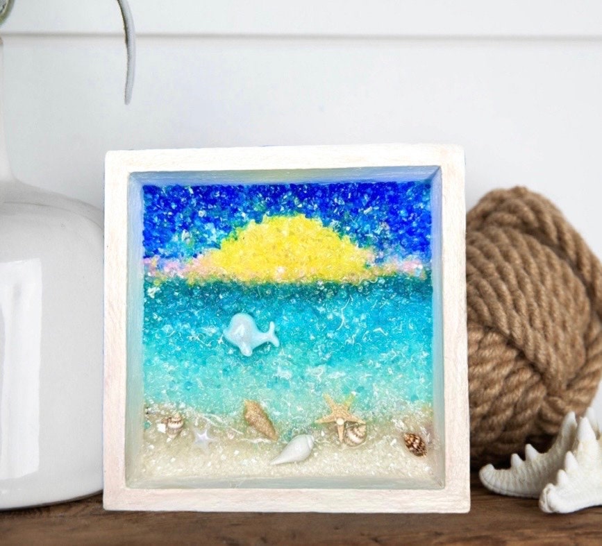 Crushed Glass and Resin 5X5” Beach Scene with Baby Beluga Whale-Perfect Gift for a Beach Themed Baby Nursery, Bathroom or Powder Room