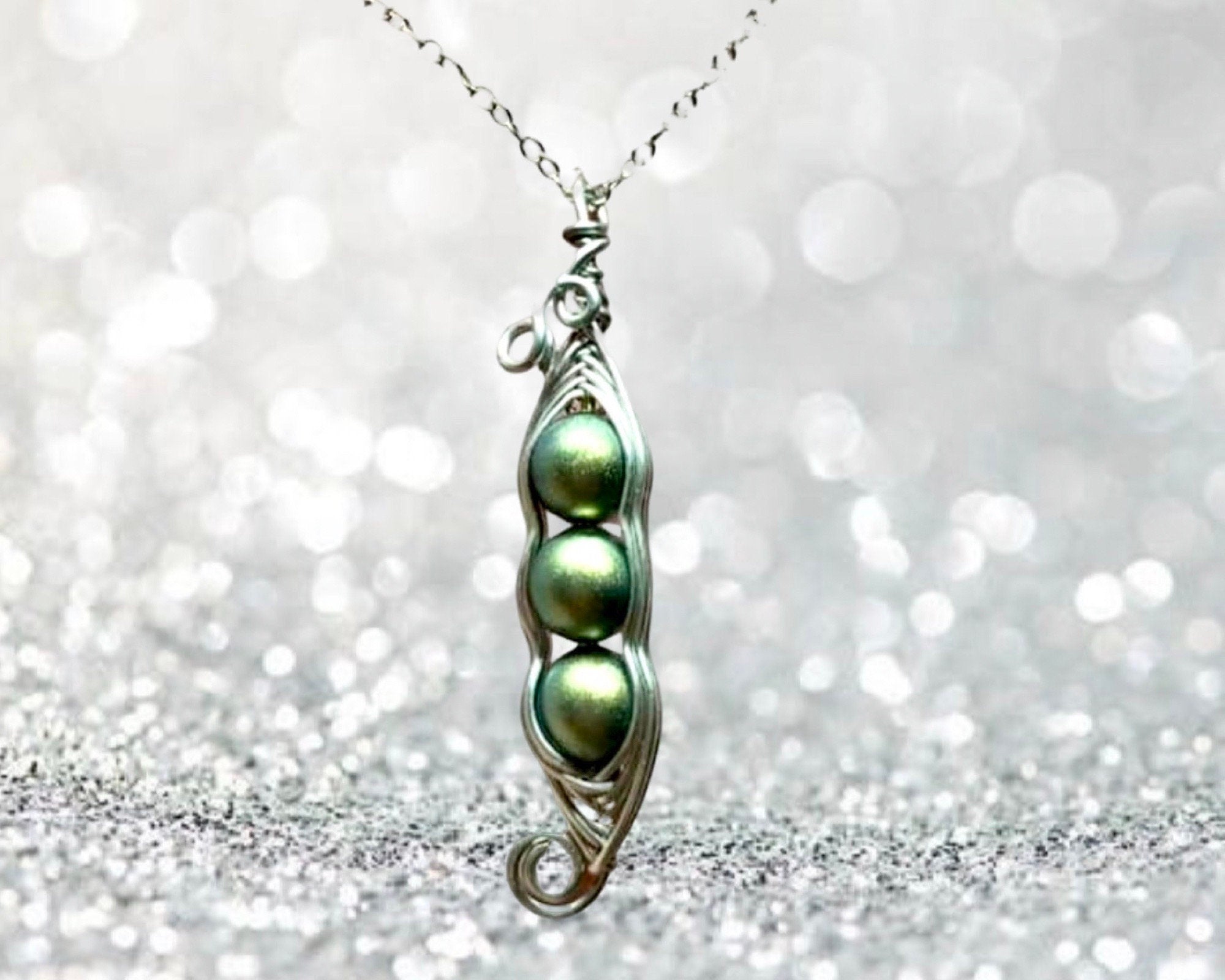 Family Pea Pod Necklace-6mm Green Gold Swarovski Crystal 