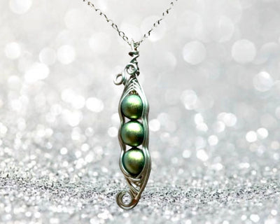 Family Pea Pod Necklace-6mm Green Gold Swarovski Crystal "Pearls"-Sterling Silver Wire Wrapped-MOM gift-Grandmother-Push Gift-Best Friends