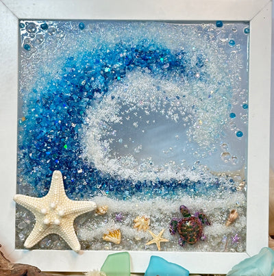 9x9” Crushed Glass Framed Beach Wave Resin Wall Hanging, With Calming Sand, Shells, Stones and Starfish Nautical Art, Handmade Coastal