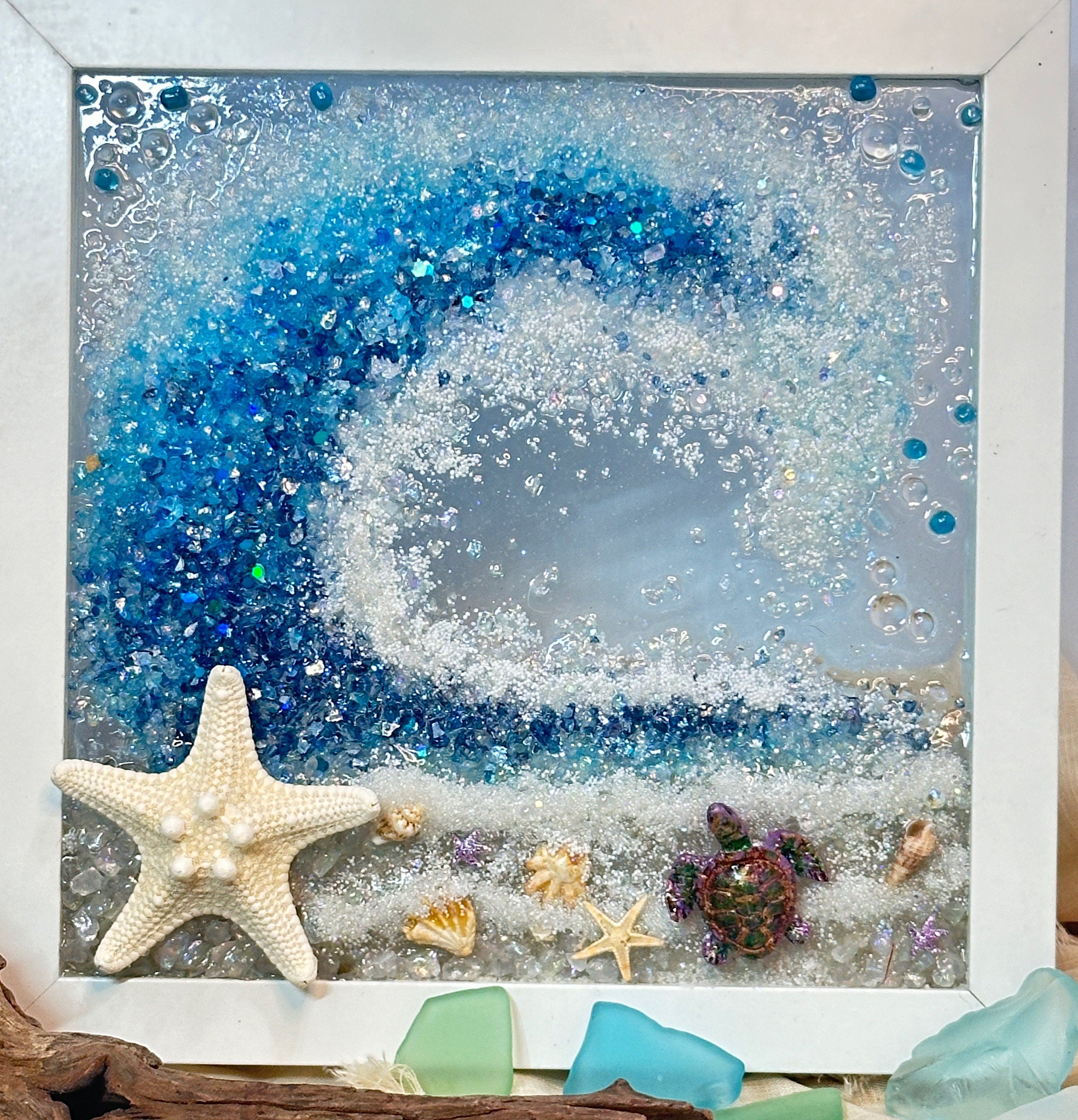 9x9” Crushed Glass Framed Beach Wave Resin Wall Hanging, With Calming Sand, Shells, Stones and Starfish Nautical Art, Handmade Coastal