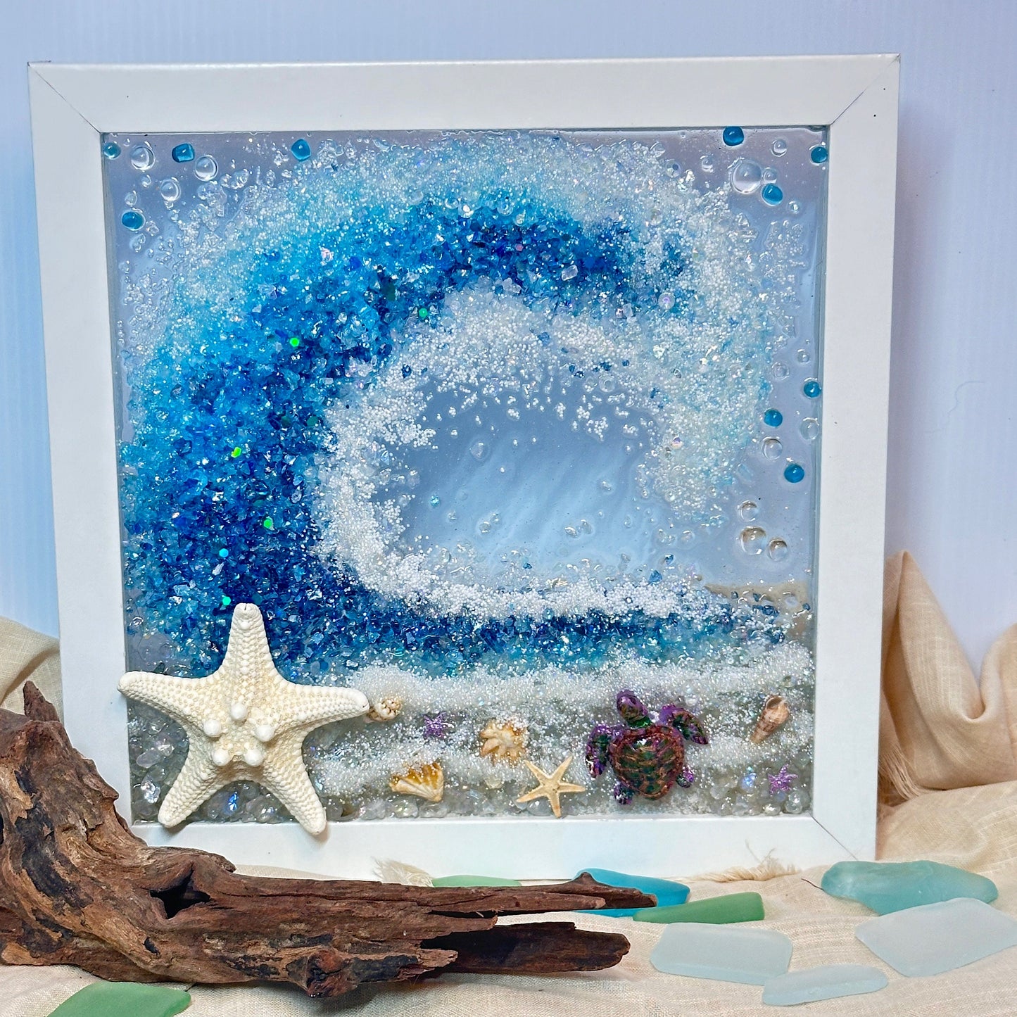 9x9” Crushed Glass Framed Beach Wave Resin Wall Hanging, With Calming Sand, Shells, Stones and Starfish Nautical Art, Handmade Coastal