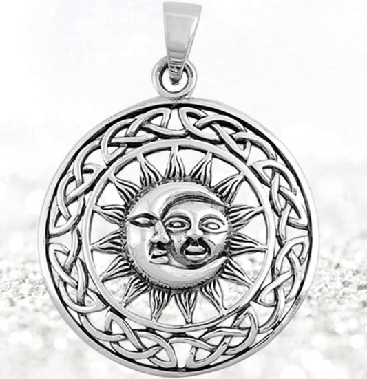 Sun and Moon Charm Pendant-34mm .925 Sterling Silver Round-Celestial Spiritual Meditation Jewelry-Celtic-Graduate or New Job Gift