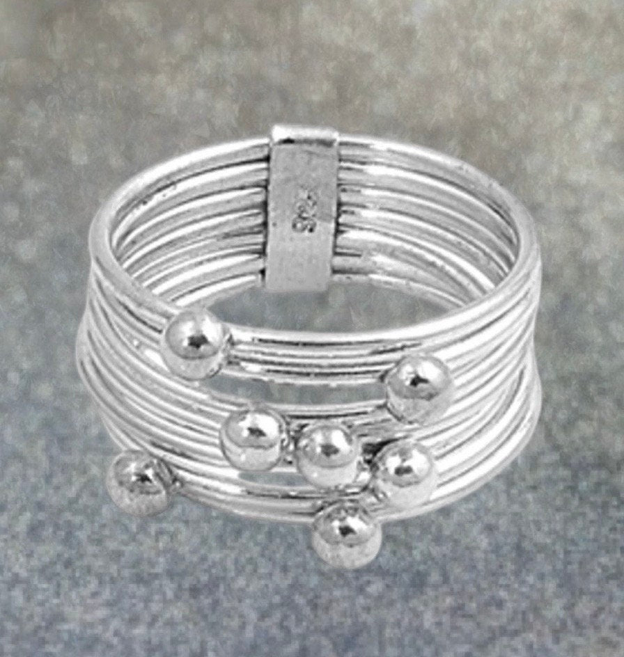 Stacked 7 Band and 6 Bead .925 Sterling Silver Fashion Ring-Total Bands of 11mm-Birthday for Her-Special Gift-Great Energy and Vibe