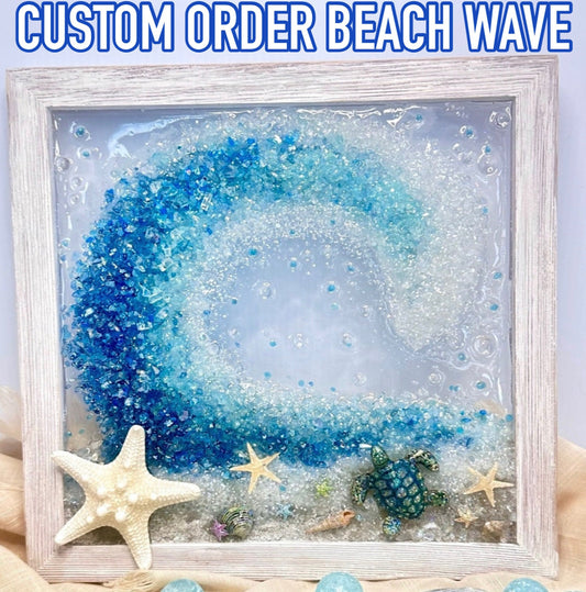 CUSTOM ORDER 9x9” Crushed Glass Framed Beach Wave Resin Wall Hanging, Sand, Shells, and Starfish Nautical Art, Handmade Coastal, USA Made