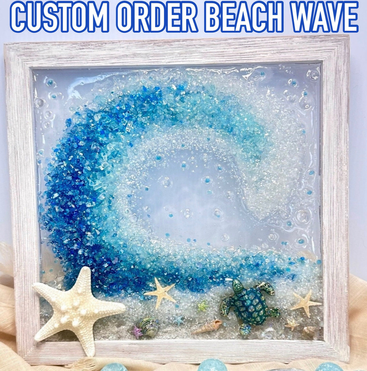 CUSTOM ORDER 9x9” Crushed Glass Framed Beach Wave Resin Wall Hanging, Sand, Shells, and Starfish Nautical Art, Handmade Coastal, USA Made