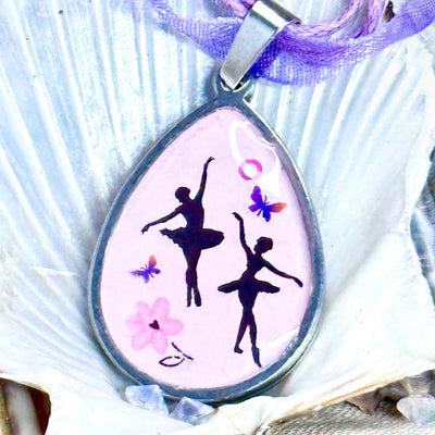 Stainless Steel Ballerina Necklace-Two Pendant Styles-Two Chain Choices-  Pink Background in Stainless Steel Dance-Little Girls-Big Girls