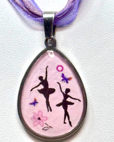 Stainless Steel Ballerina Necklace-Two Pendant Styles-Two Chain Choices-  Pink Background in Stainless Steel Dance-Little Girls-Big Girls