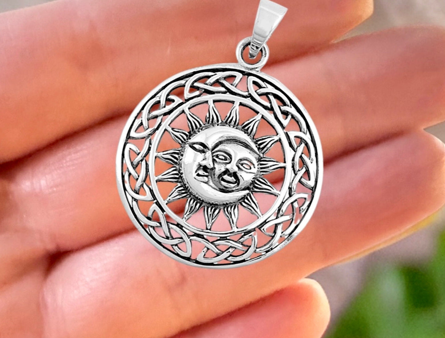 Sun and Moon Charm Pendant-34mm .925 Sterling Silver Round-Celestial Spiritual Meditation Jewelry-Celtic-Graduate or New Job Gift