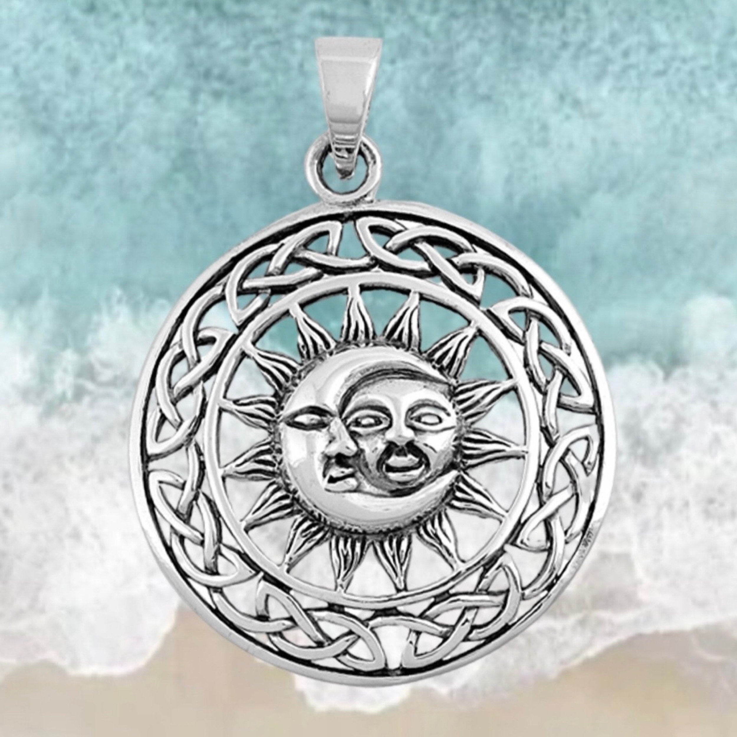 Sun and Moon Charm Pendant-34mm .925 Sterling Silver Round-Celestial Spiritual Meditation Jewelry-Celtic-Graduate or New Job Gift