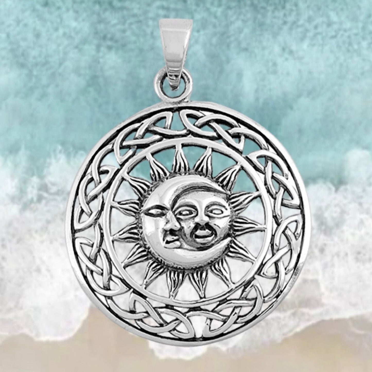 Sun and Moon Charm Pendant-34mm .925 Sterling Silver Round-Celestial Spiritual Meditation Jewelry-Celtic-Graduate or New Job Gift