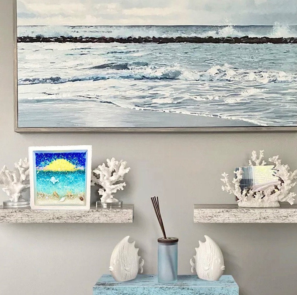 Crushed Glass and Resin 5X5” Beach Scene with Baby Beluga Whale-Perfect Gift for a Beach Themed Baby Nursery, Bathroom or Powder Room