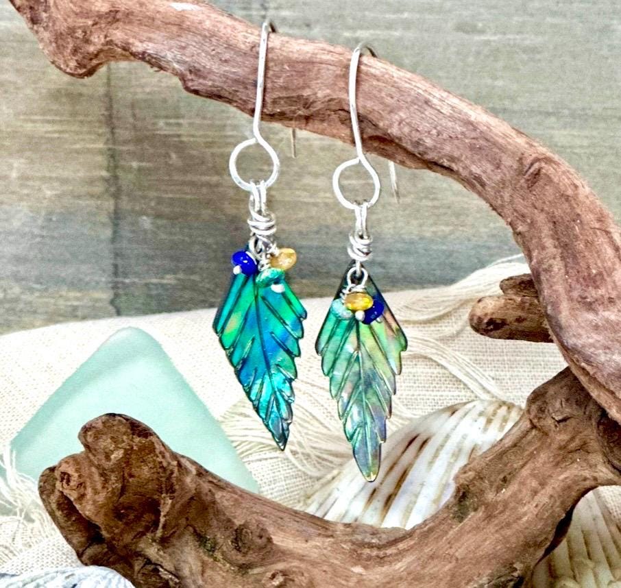 Abalone, Opal and .925 Sterling Silver Dangle Earrings, Leaf Shaped, Welo Opal Beads, Colorful Shell Minimalist Jewelry