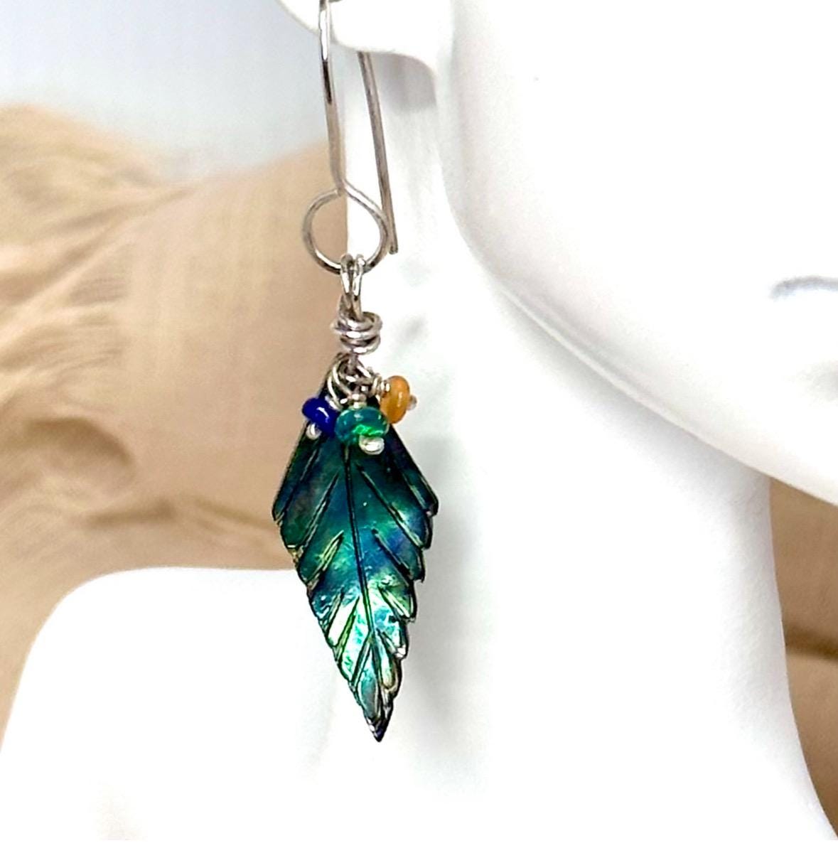 Abalone, Opal and .925 Sterling Silver Dangle Earrings, Leaf Shaped, Welo Opal Beads, Colorful Shell Minimalist Jewelry