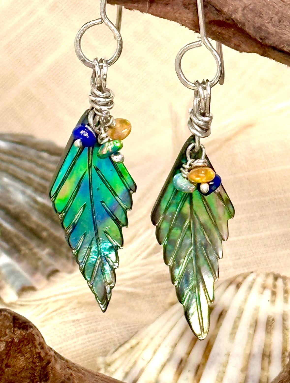 Abalone, Opal and .925 Sterling Silver Dangle Earrings, Leaf Shaped, Welo Opal Beads, Colorful Shell Minimalist Jewelry