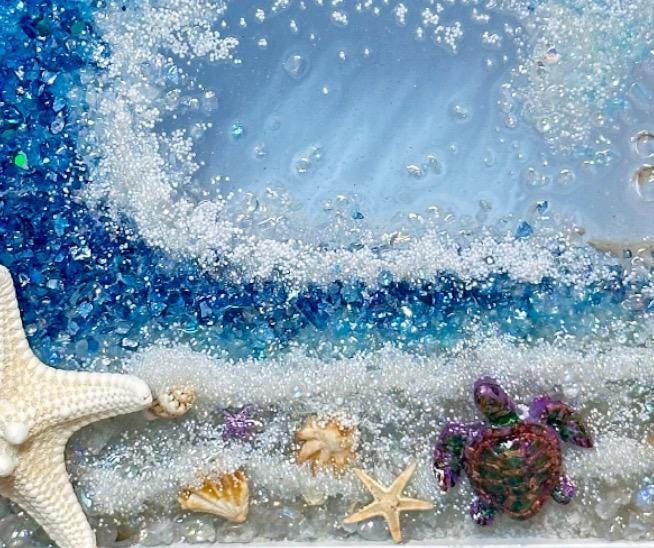 9x9” Crushed Glass Framed Beach Wave Resin Wall Hanging, With Calming Sand, Shells, Stones and Starfish Nautical Art, Handmade Coastal