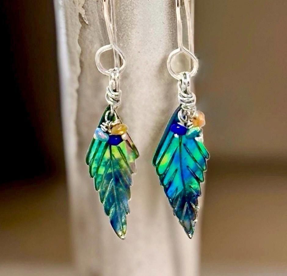 Abalone, Opal and .925 Sterling Silver Dangle Earrings, Leaf Shaped, Welo Opal Beads, Colorful Shell Minimalist Jewelry