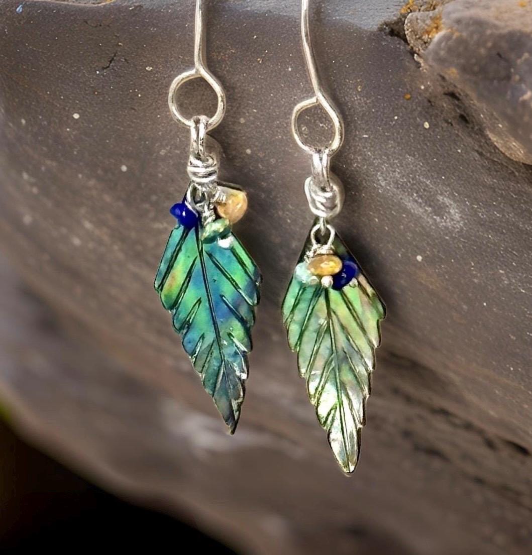 Abalone, Opal and .925 Sterling Silver Dangle Earrings, Leaf Shaped, Welo Opal Beads, Colorful Shell Minimalist Jewelry