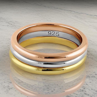 Tri Tone .925 Sterling Silver Stacking Bands-Set of 3 Stackable 2mm Rings-Yellow Gold Silver Rose Gold, Sizes 5-12