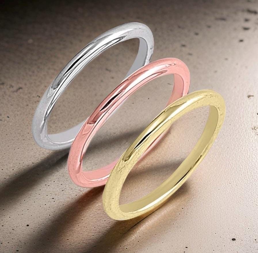 Tri Tone .925 Sterling Silver Stacking Bands-Set of 3 Stackable 2mm Rings-Yellow Gold Silver Rose Gold, Sizes 5-12