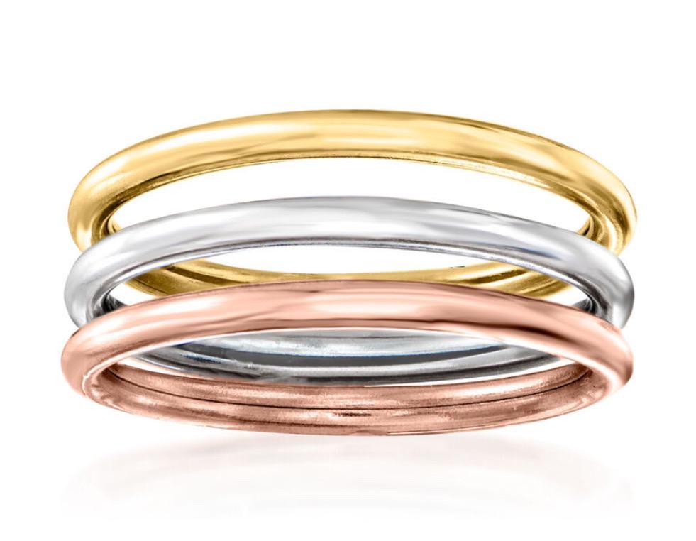 Tri Tone .925 Sterling Silver Stacking Bands-Set of 3 Stackable 2mm Rings-Yellow Gold Silver Rose Gold, Sizes 5-12